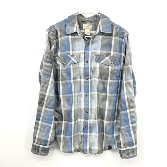LL Bean Men Size Small Shirt Button Down Top Blue Gray Checkered Plaid Flannel - Picture 1 of 7